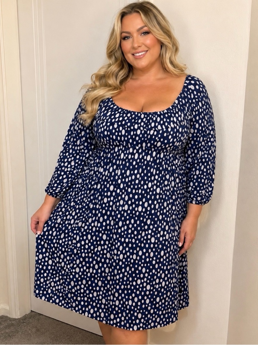 Helene Blake Vintage Navy Blue & White Polka Dot Empire-Waist Midi Dress Size 2X